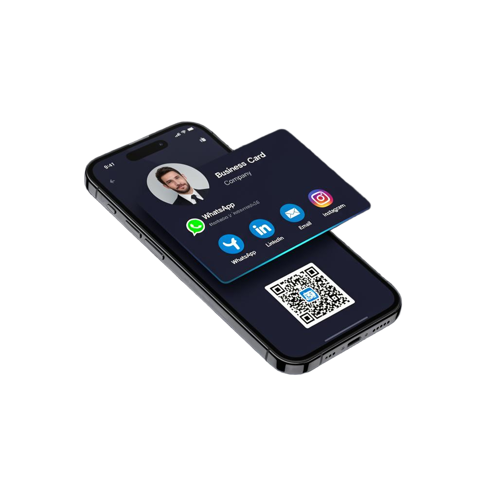 LinkListy digital business card app showing profile with QR code and social links